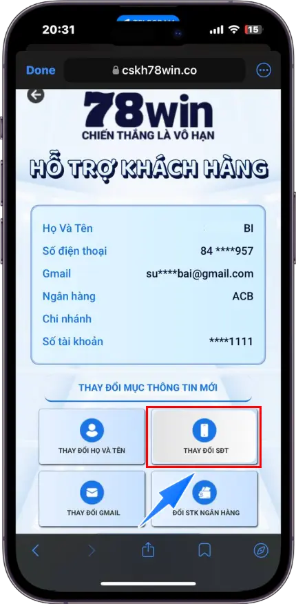 Bước 2 : Chọn Thay đổi SĐT
